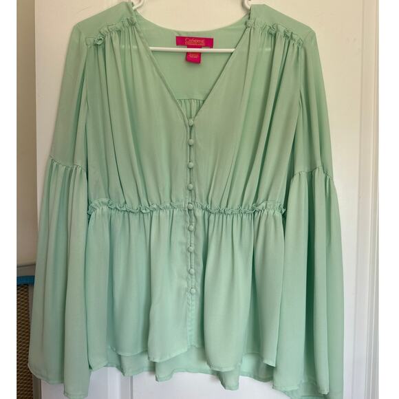 Catherine Malandrino Green V-Neck Bell Sleeve Button Down Boho Blouse - Small - Picture 3 of 7